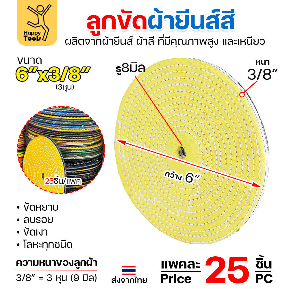 (ราคาส่ง) ลูกขัดเงาขนาด 6 นิ้ว หนา 3 หุน (แพค25ใบ) จานขัด ลูกผ้า ผ้ายีนส์ สี ขัดเงาสแตนเลส