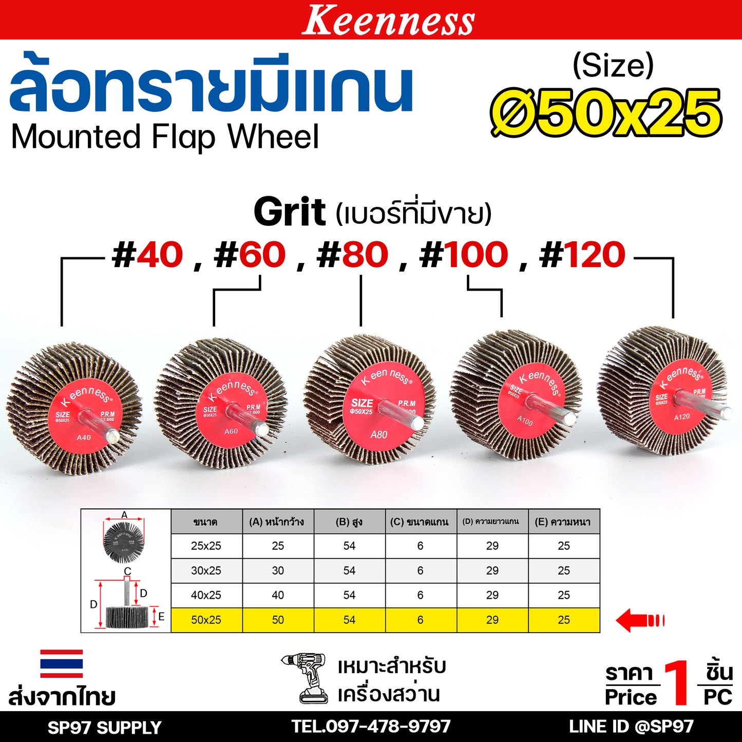 Keenness ล้อทราย 50x25 มีแกน 6 มิล กระดาษทรายมีแกน ลูกขัดกระดาษทราย กระดาษทราย ล้อทราย ลูกขัดล้อทราย (ราคา1ชิ้น)