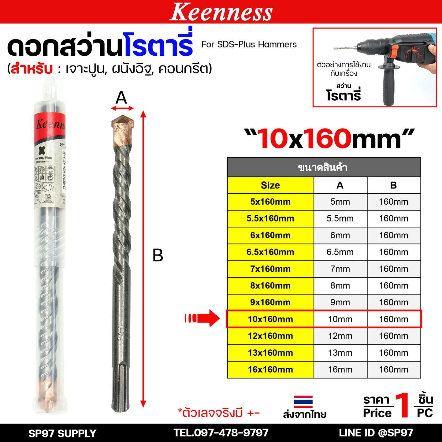 Keenness ดอกสว่านโรตารี่ ดอกโรตารี่ ดอกสว่าน ดอกสว่านเจาะปูน เจาะคอนกรีต ดอกเจาะผนังอิฐ ขนาด ยาว 160 มิล (1ดอก)