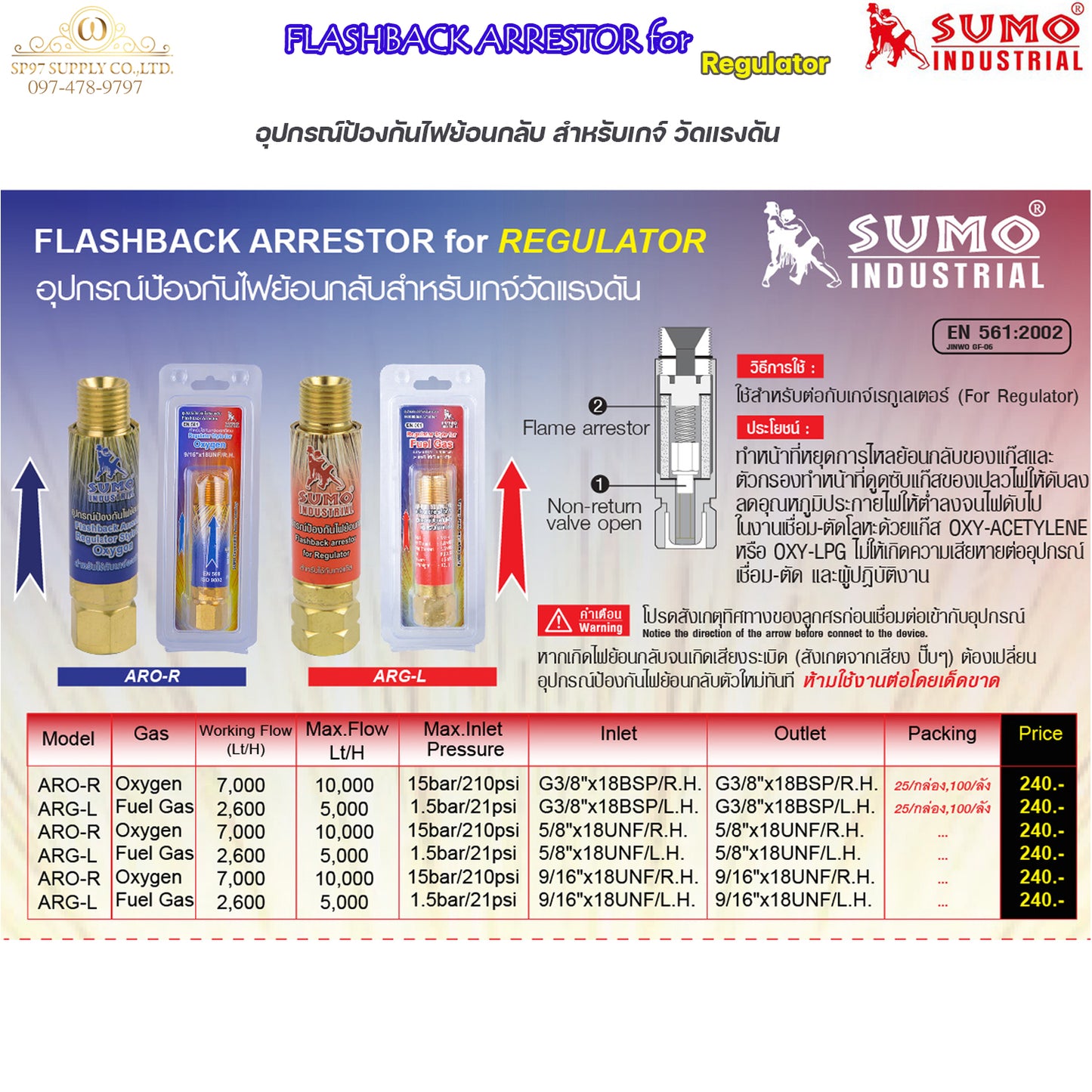 SUMO ตัวกันไฟย้อน กันย้อนแก๊ส สำหรับ เกจ์แก๊ส และ เกจ์ลม รุ่น ARO-R กับ ARG-L ขนาด 9/16" (เลือกสินค้าในตัวเลือก)