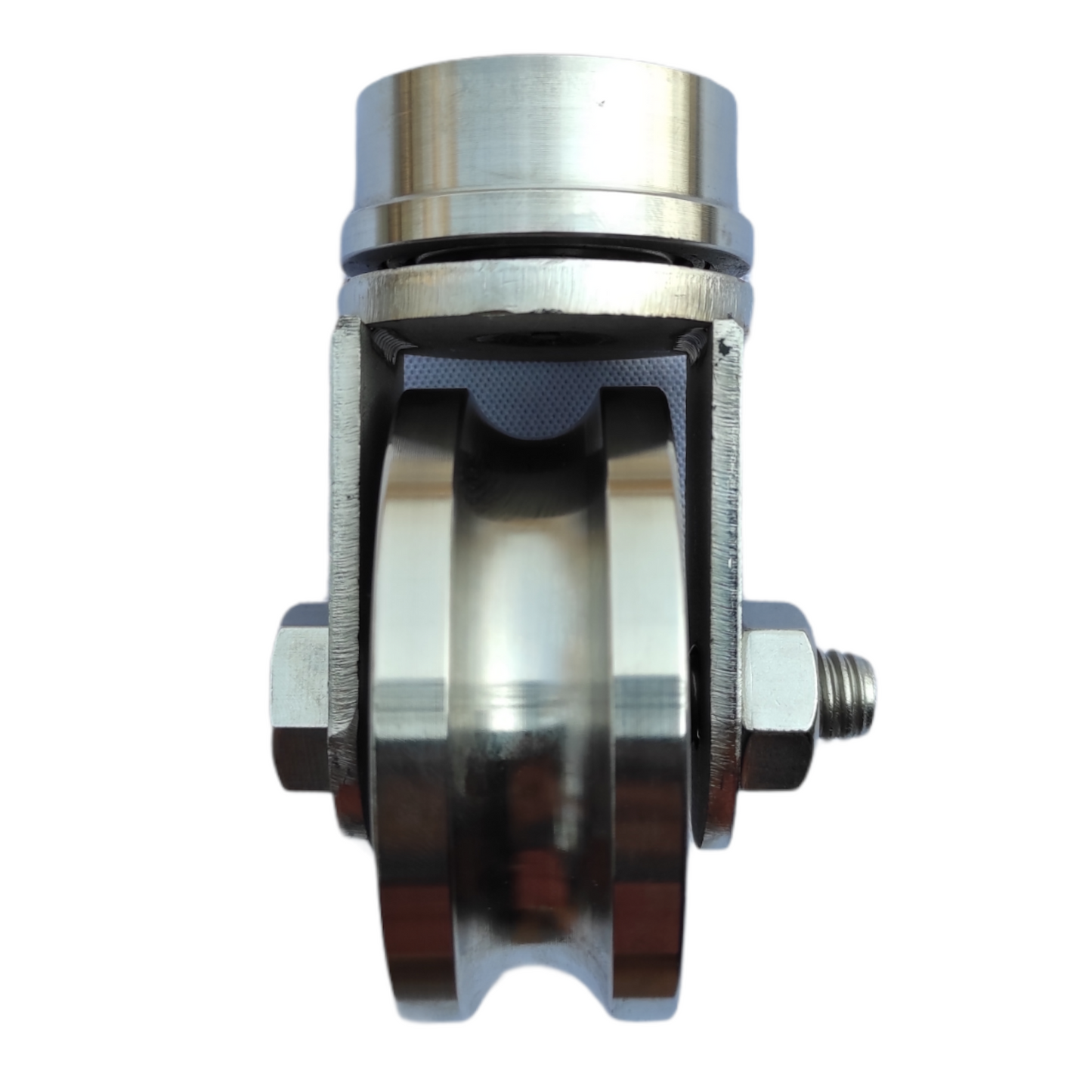 ชุดล้อหมุน เพลาตัน สแตนเลสเกรด304 +ล้อสแตนเลส 3 นิ้ว ร่องกลม สำหรับประตูโค้ง ประตูรถไฟ ประตูพับ ราคา 1 ชุด