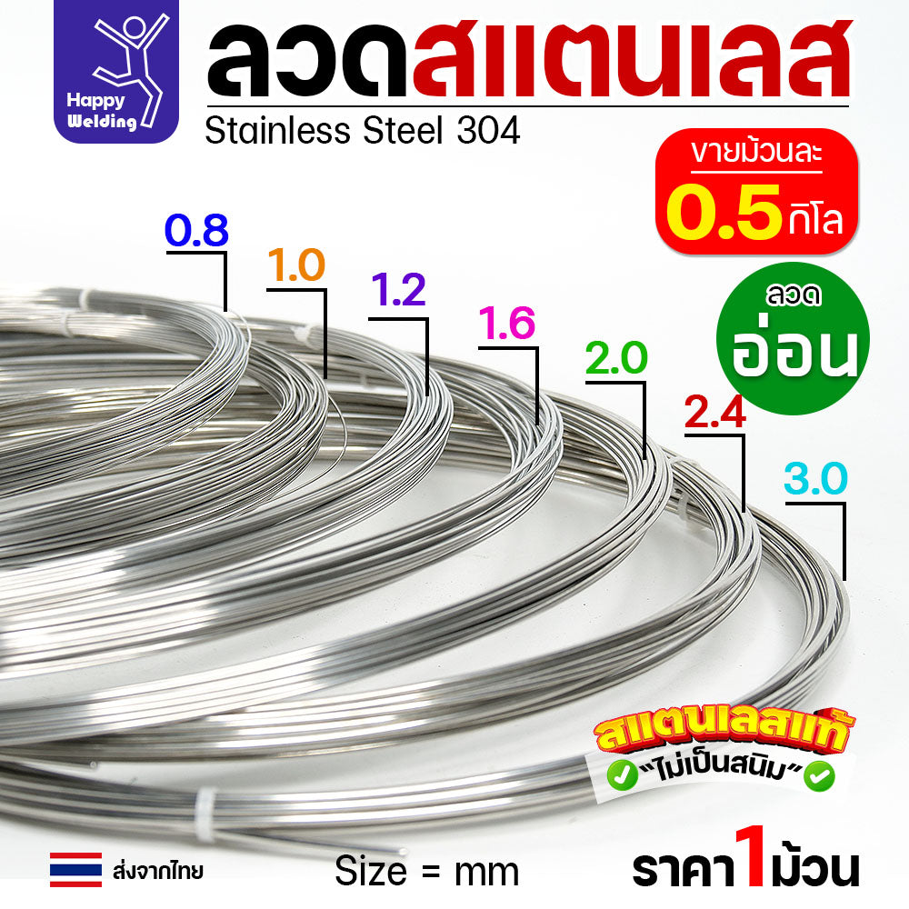 ลวดสแตนเลส ลวดม้วน ลวดเติม ลวดป้อน เกรด 304 ดีที่สุด แบบครึ่งโล มีขนาด 0.8-3.0 มิล (เลือกขนาดได้ในต้วเลือกสินค้า)