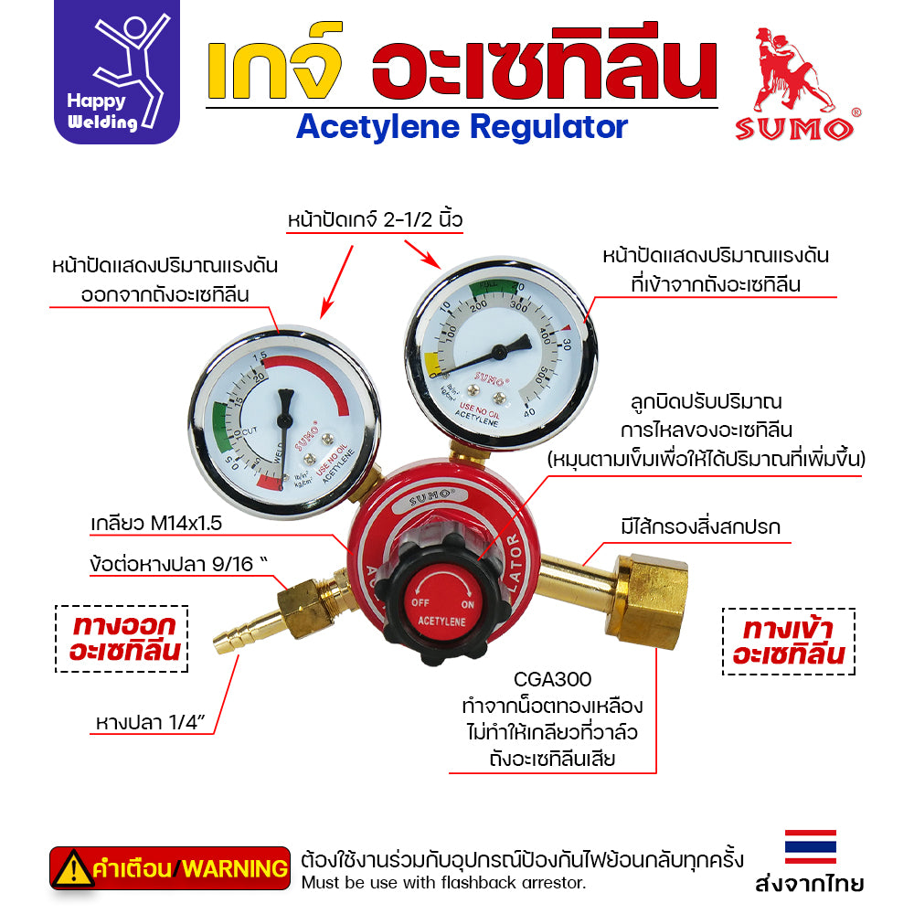 เกจ์อะเซทิลีน SUMO  เกจ์ปรับแรงดันแก๊สอะเซทิลีน (ACETYLENE REGULATOR) งานเชื่อมแก๊ส ตัดแก๊ส ของแท้ 100%