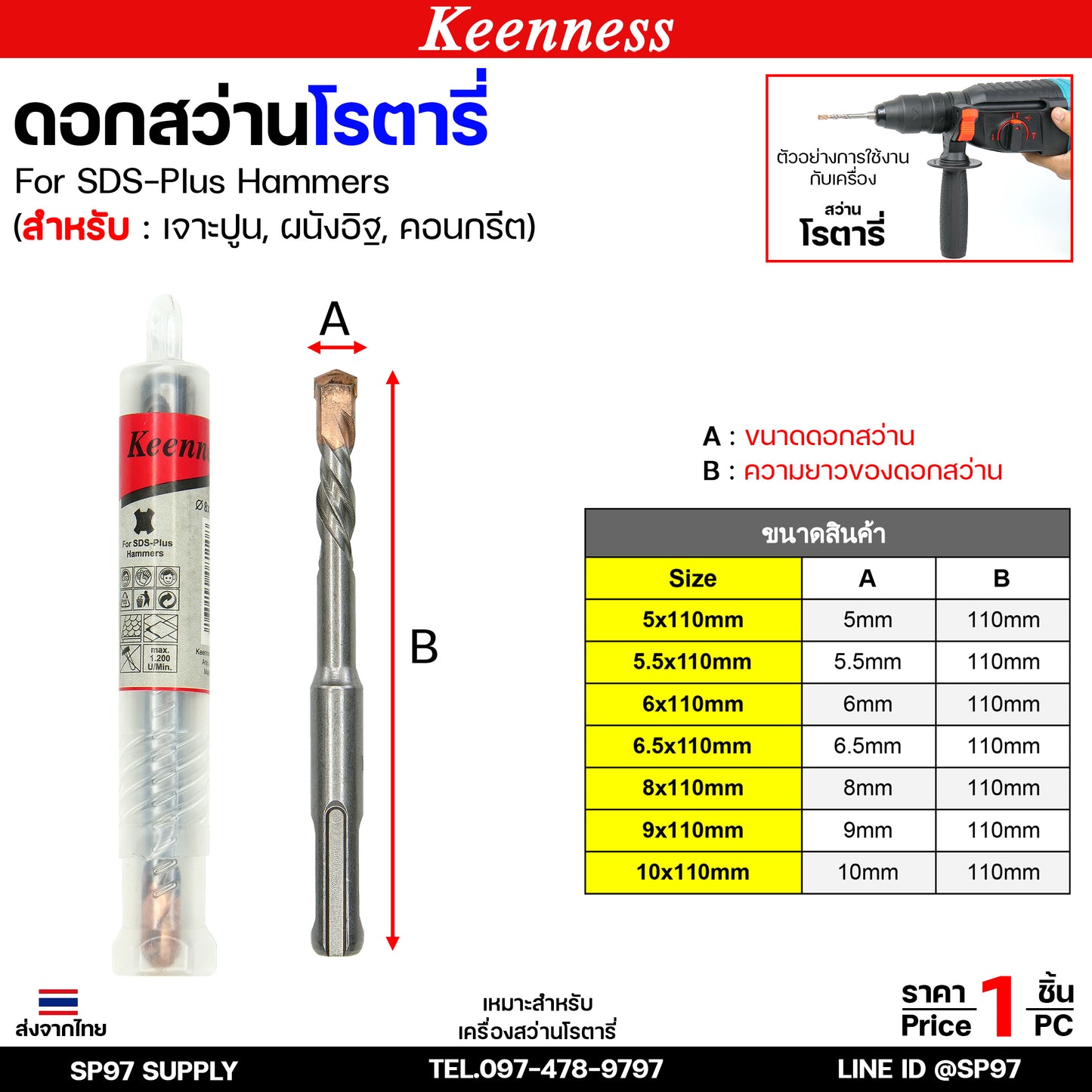 Keenness ดอกสว่านโรตารี่ ดอกโรตารี่ ดอกสว่าน ดอกสว่านเจาะปูน เจาะคอนกรีต ดอกเจาะผนังอิฐ ขนาด ยาว 110มิล (1ดอก)