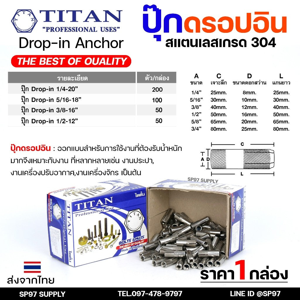 (ยกกล่อง) พุกสแตนเลส พุ๊กดร็อปอิน (งานไทย) สแตนเลส 304 ดรอปอิน ขนาด 1/4 ,5/16, 3/8, 1/2 นิ้ว Drop In Anchor Stainless