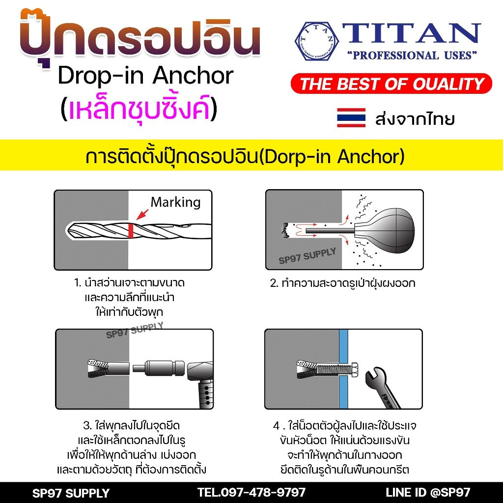 (ยกกล่อง) TITAN พุ๊กดรอปอิน (ดรอปอินเหล็ก) พุกฝัง พุกดรอปอิน พุกDI 1/4 5/16 3/8 1/2 ปุ๊กเหล็ก ปุ๊ก Drop In