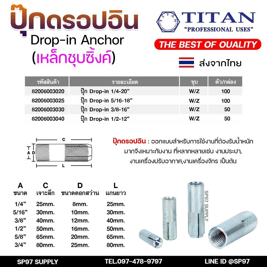 (ยกกล่อง) TITAN พุ๊กดรอปอิน (ดรอปอินเหล็ก) พุกฝัง พุกดรอปอิน พุกDI 1/4 5/16 3/8 1/2 ปุ๊กเหล็ก ปุ๊ก Drop In