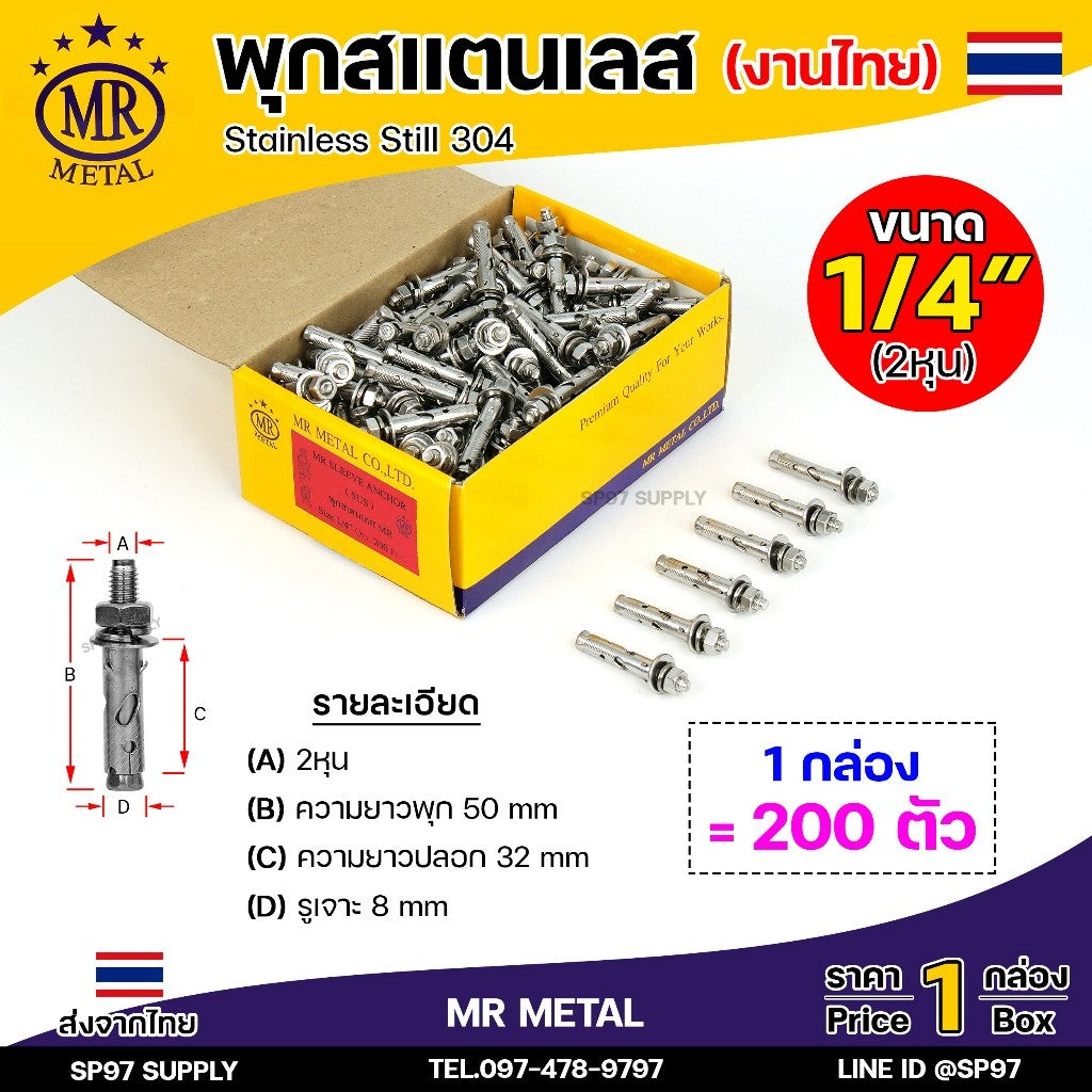 (ยกกล่อง) MR METAL พุกสแตนเลส (งานไทย) พุก เกรด304 มีขนาด 1/4 ,5/16 ,3/8, 1/2 นิ้ว คือ 2หุน / 2.5หุน / 3หุน /4 หุน