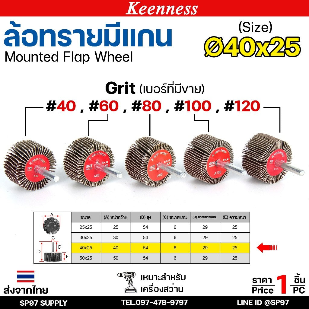 Keenness ล้อทราย 40x25 มีแกน 6 มิล กระดาษทรายมีแกน ลูกขัดกระดาษทราย กระดาษทราย ล้อทราย ลูกขัดล้อทราย (ราคา1ชิ้น)