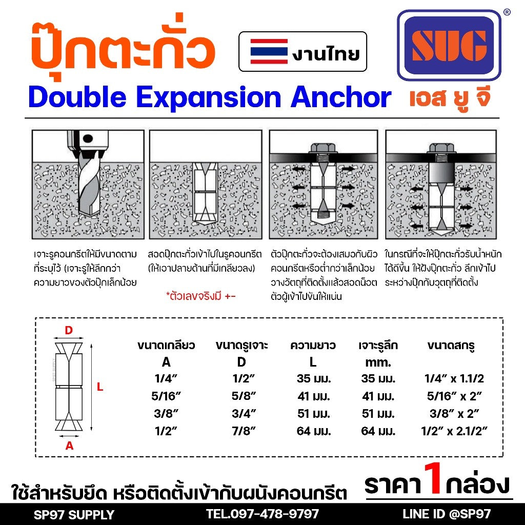 (ราคายกกล่อง) SUG พุกตะกั่ว ขนาด 1/4", 5/16", 3/8" และ 1/2" Double Expansion Anchor พุ๊ก ปุ๊ก พุกฝังคอนกรีตใช้กับงานหนัก