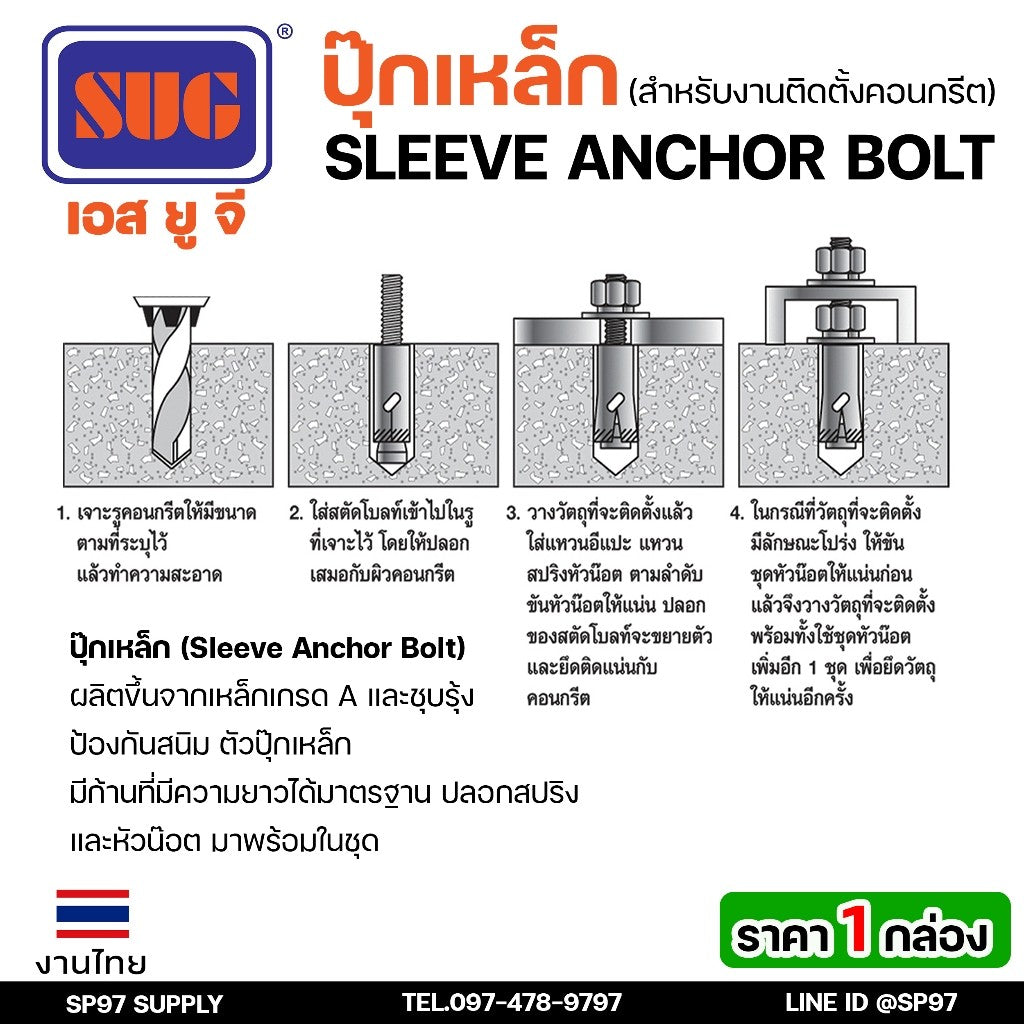 (ยกกล่อง)SUG พุกเหล็ก ชุบรุ้ง หกเหลี่ยมมีเขี้ยว ขนาด 3/16", 1/4", 5/16", 3/8",1/2" และ 5/8" พุ๊ก ปุ๊ก Sleeve Anchor Bolt