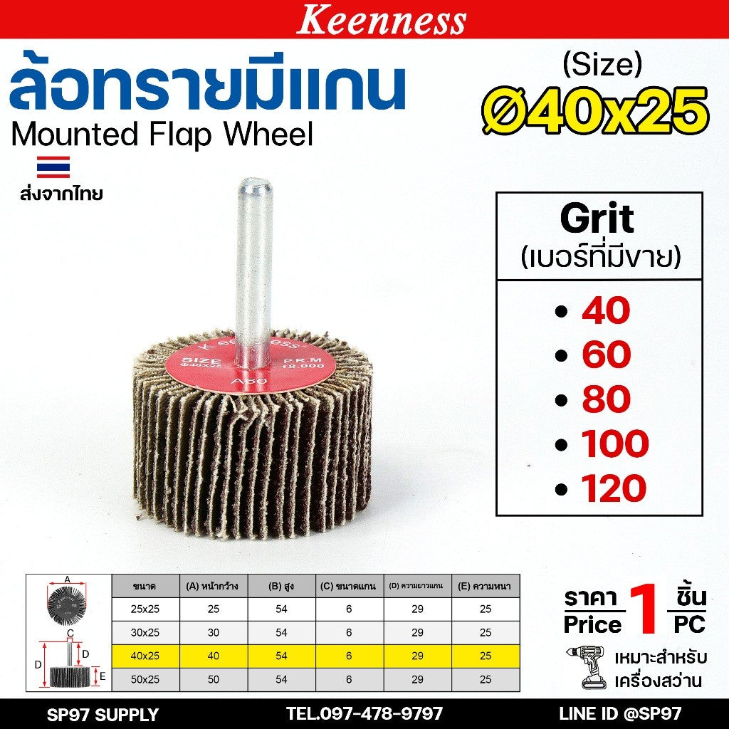 Keenness ล้อทราย 40x25 มีแกน 6 มิล กระดาษทรายมีแกน ลูกขัดกระดาษทราย กระดาษทราย ล้อทราย ลูกขัดล้อทราย (ราคา1ชิ้น)