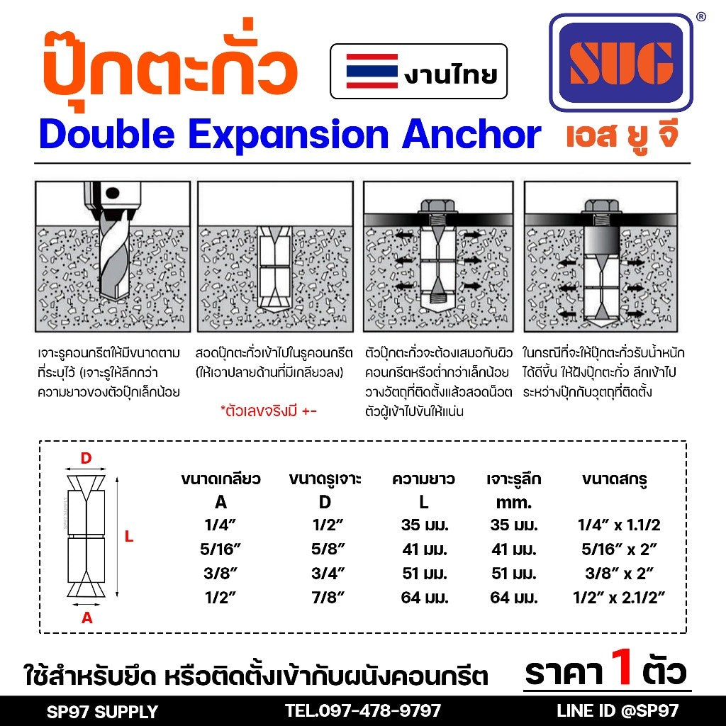SUG พุกตะกั่ว ขนาด 1/4", 5/16", 3/8" และ 1/2" Double Expansion Anchor พุ๊ก ปุ๊ก พุกฝังคอนกรีตที่ใช้กับงานหนัก