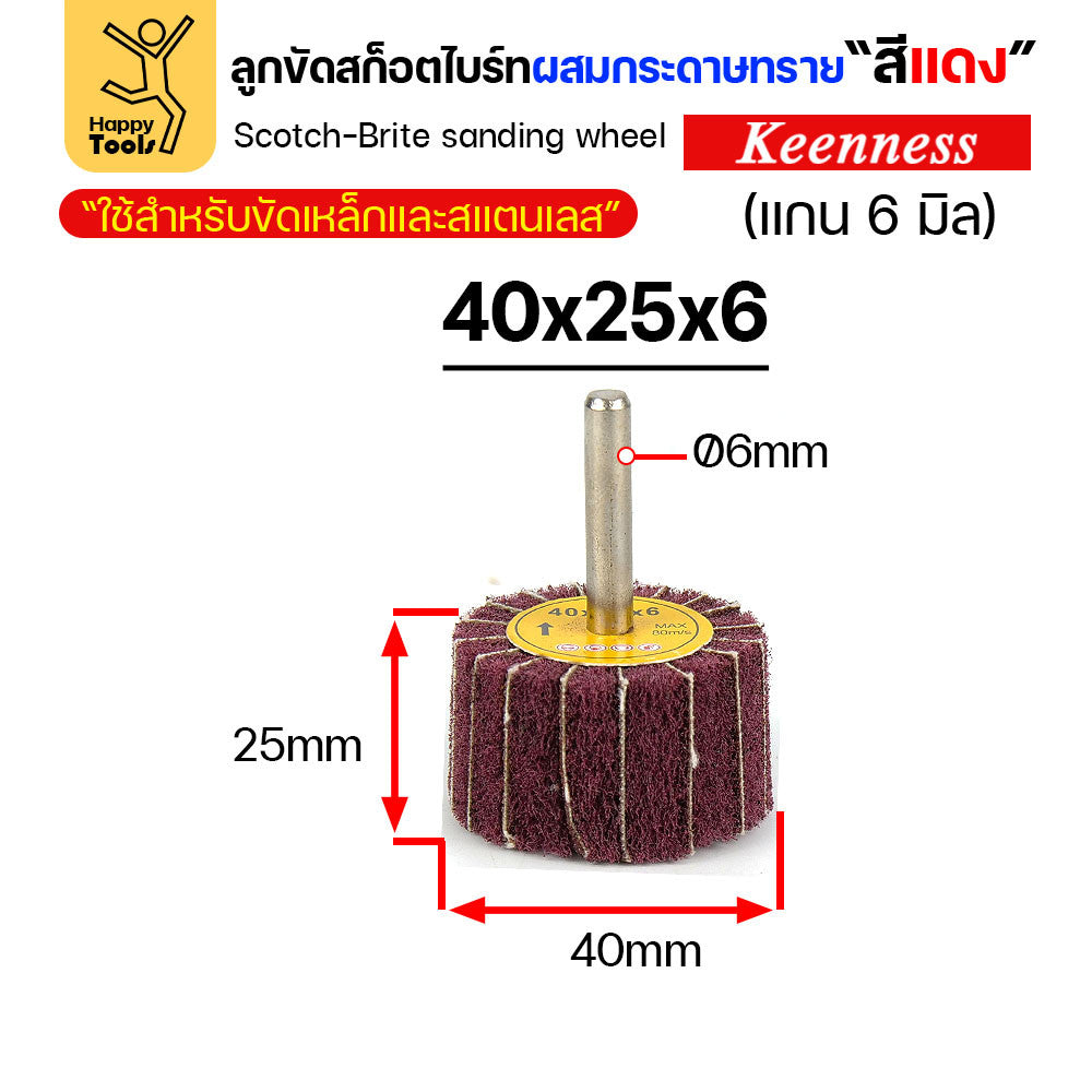 (มีราคาส่ง) ล้อทรายผสมสก็อตไบร์ท สีแดง แบบมีแกน 6mm ขนาดกว้าง 40มิล หนา 25มิล (40x25)