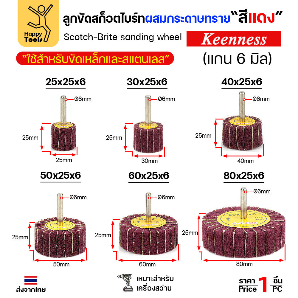 (มีราคาส่ง) ล้อทรายผสมสก็อตไบร์ท สีแดง แบบมีแกน 6mm ขนาดกว้าง 60มิล หนา 25มิล (60x25)