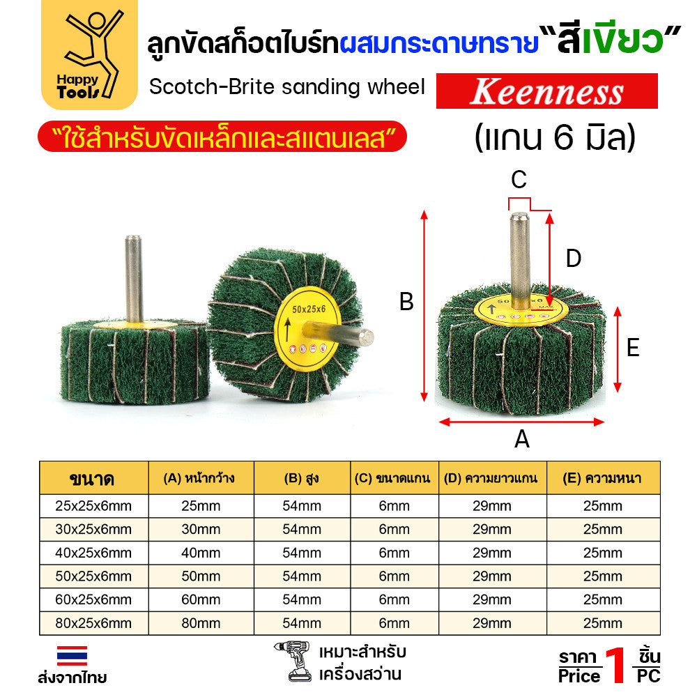 (มีราคาส่ง) ล้อทรายผสมสก็อตไบร์ท สีเขียว แบบมีแกน 6mm ขนาดกว้าง 25มิล หนา 25มิล (25x25)
