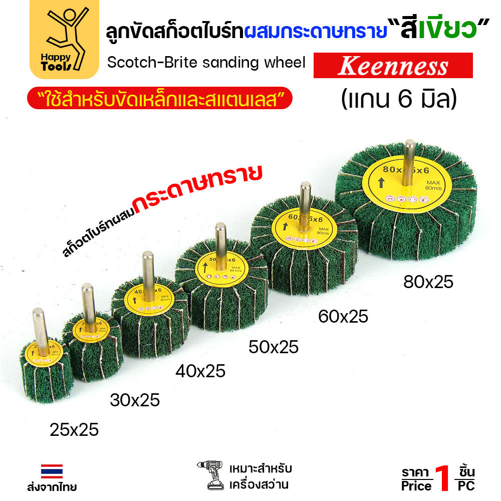 (มีราคาส่ง) ล้อทรายผสมสก็อตไบร์ท สีเขียว แบบมีแกน 6mm ขนาดกว้าง 25มิล หนา 25มิล (25x25)