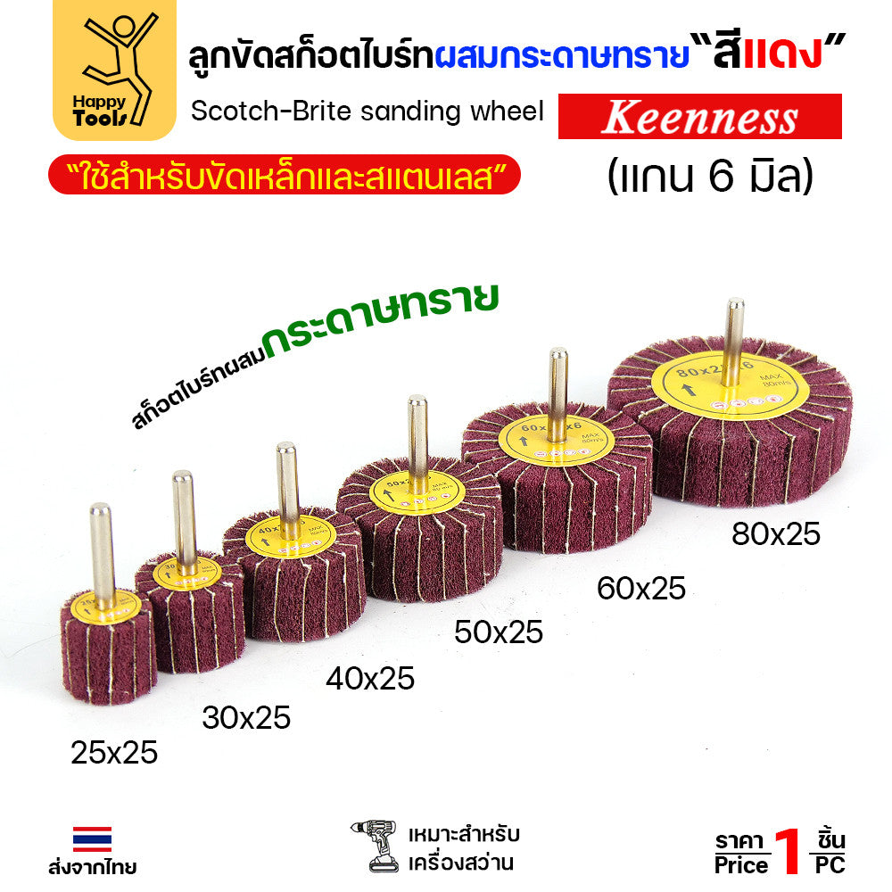 (มีราคาส่ง) ล้อทรายผสมสก็อตไบร์ท สีแดง แบบมีแกน 6mm ขนาดกว้าง 40มิล หนา 25มิล (40x25)