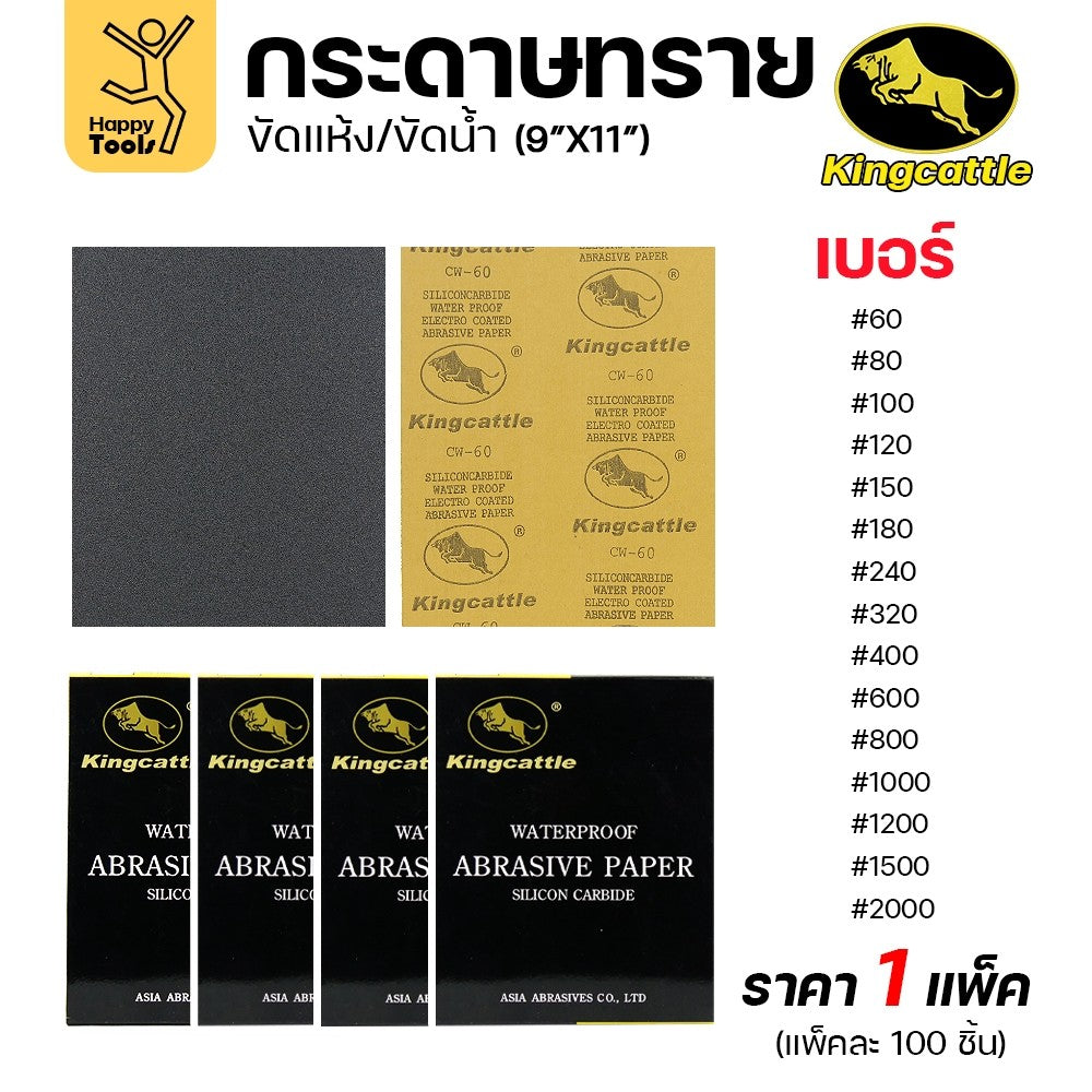 KINGCATTLE กระดาษทรายน้ำ เต็มกล่อง100แผ่น เบอร์240  ขนาด9x11นิ้ว เหนียว ทน ไม่เปื่อย สำหรับเหล็ก เฟอร์นิเจอร์ สีพ่นรถยนต