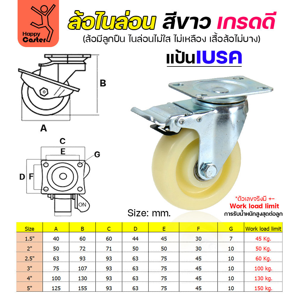 ล้อไนล่อนสีขาว รุ่นCM6 แป้นเบรค 2-1/2"