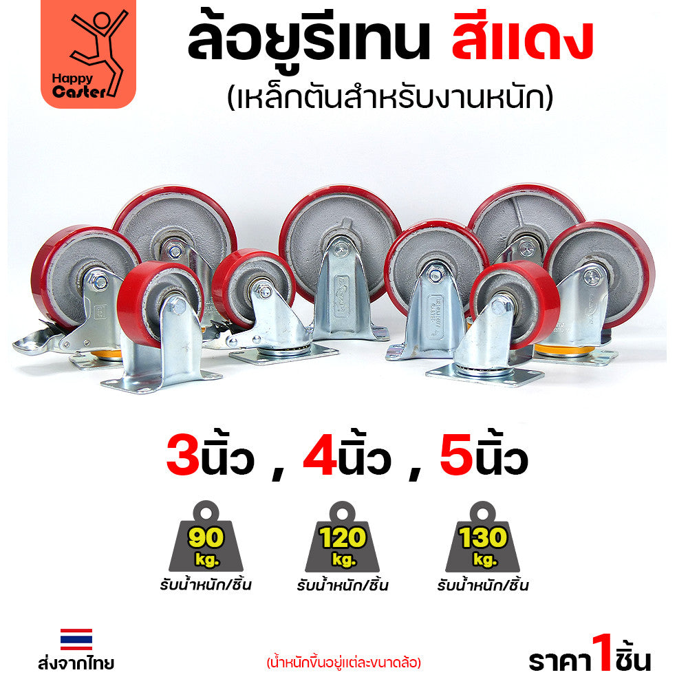 ล้อ PU กระทะเหล็ก รุ่นCM8 สีแดง แป้นตาย 5"