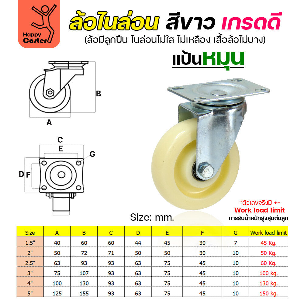 ล้อไนล่อนสีขาว รุ่นCM6 แป้นหมุน 4"