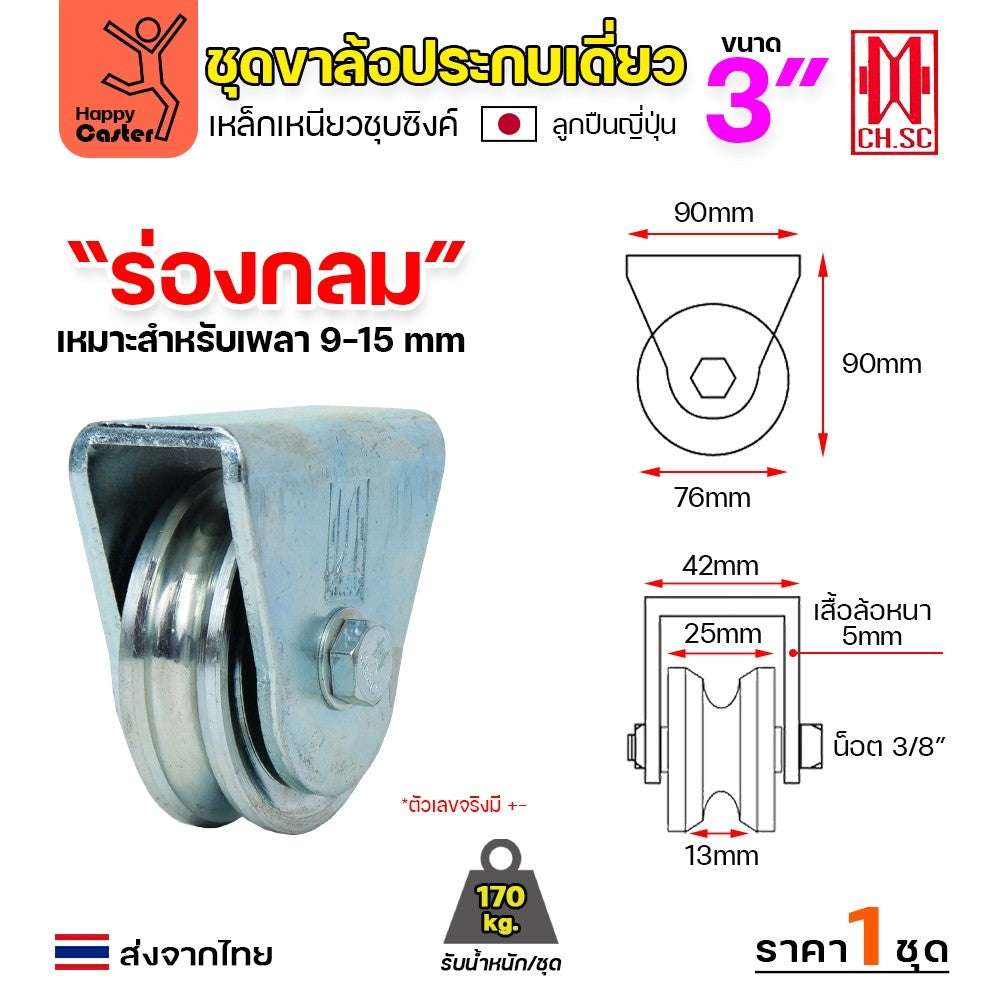 CH.SC ชุดล้อเฟรมเหล็ก ล้อเหล็ก 3×1″ ร่องกลม (ครบทั้งชุดเสื้อ+ล้อ)