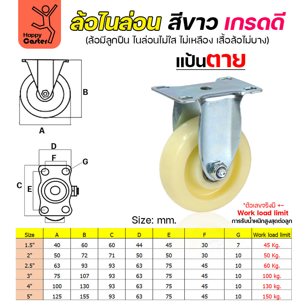 ล้อไนล่อนสีขาว รุ่นCM6 แป้นตาย 5"