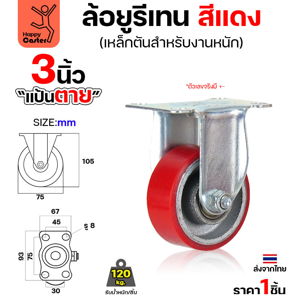 ล้อ PU กระทะเหล็ก รุ่นCM8 สีแดง แป้นตาย 3"