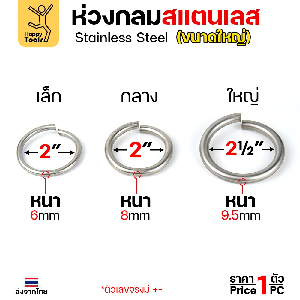 ห่วงกลม สแตนเลสเกรด304 เนื้อตัน เนื้อลวด 3หุน(8-9มม) ม้วนเป็นวงกลม รูในกว้าง 2-1/2 นิ้ว ทำโซ่ยกปั๊มบ่อบำบัด