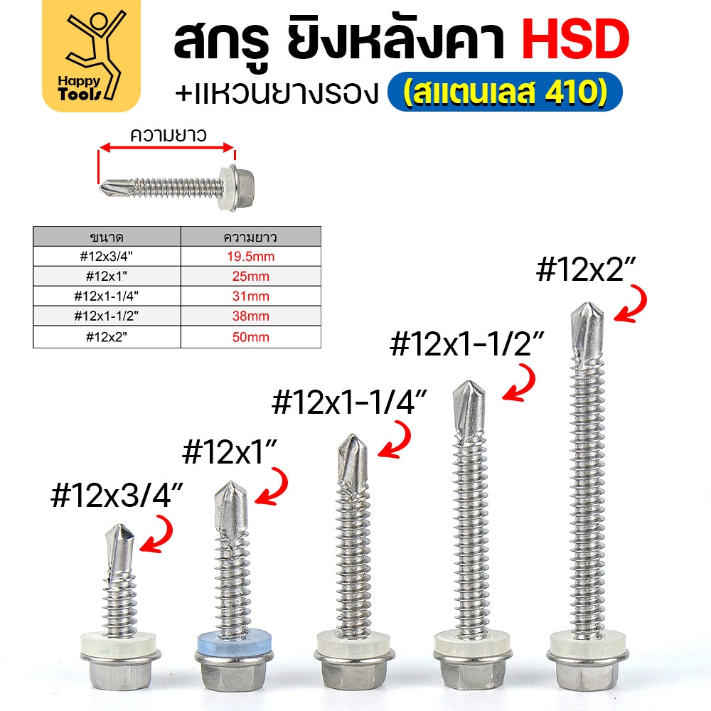 (SC21)สกรูเมทัลชีทยึดท้องลอนปลายสว่าน สำหรับหลังคา สกรูยึดหลังคาเหล็กท้องลอน รุ่น HSD #12 ยาว 1 นิ้ว