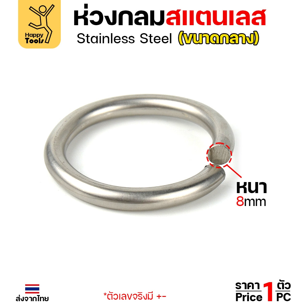 ห่วงกลม สแตนเลสเกรด304 เนื้อตัน เนื้อลวด 2.5หุน(8มม) ม้วนเป็นวงกลม รูในกว้าง 2 นิ้ว ทำโซ่ยกปั๊มบ่อบำบัด