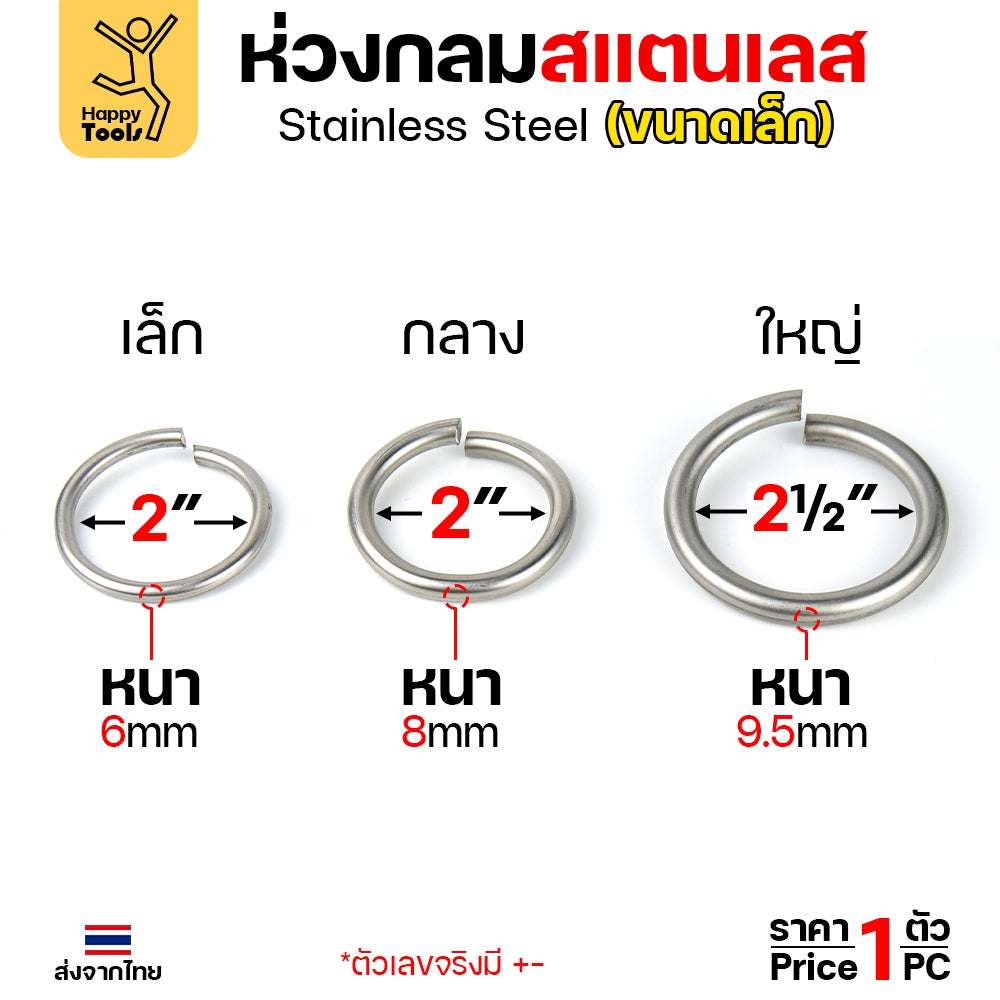 ห่วงกลม สแตนเลสเกรด304 เนื้อตัน เนื้อลวด 2หุน(6มม) ม้วนเป็นวงกลม รูในกว้าง 2 นิ้ว ทำโซ่ยกปั๊มบ่อบำบัด