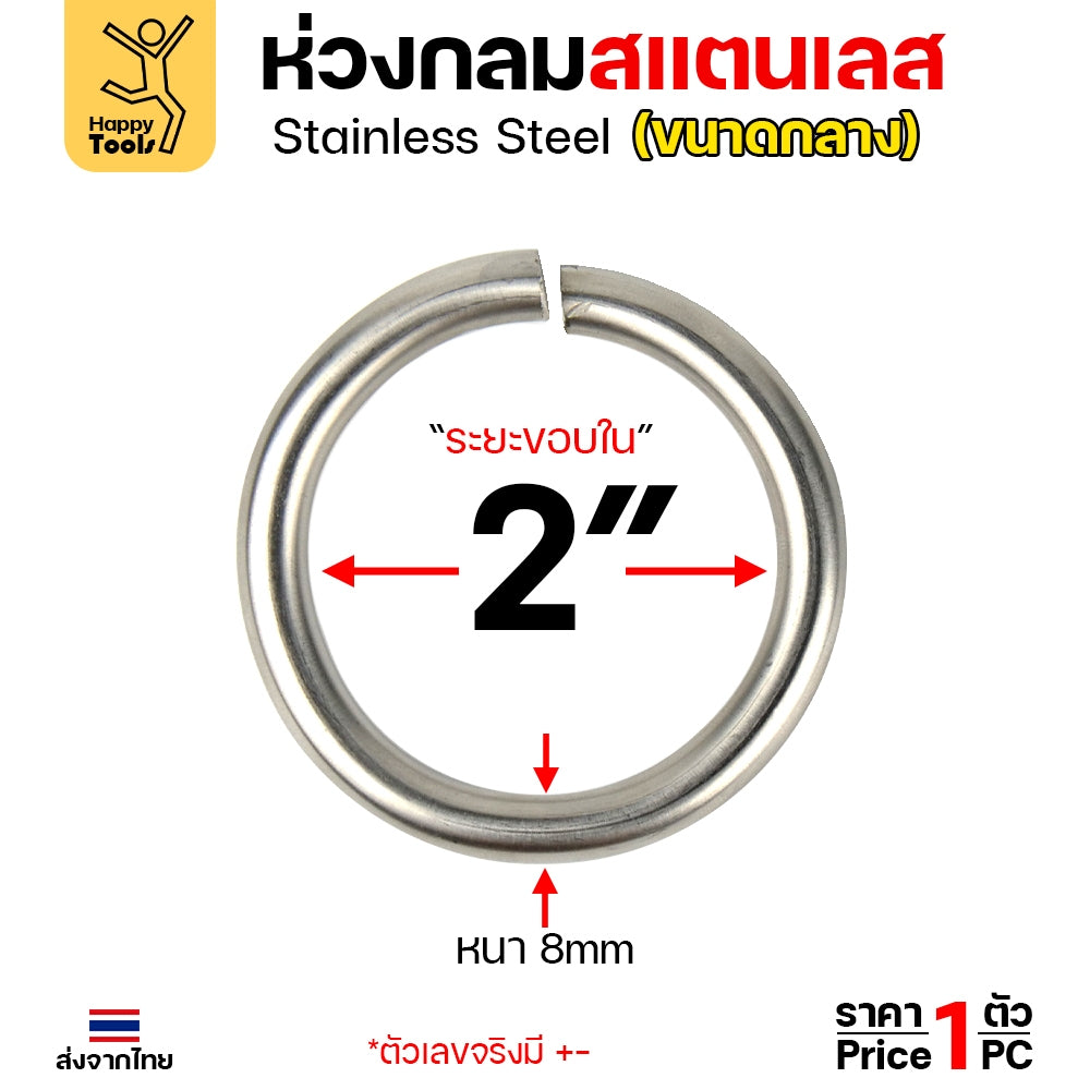 ห่วงกลม สแตนเลสเกรด304 เนื้อตัน เนื้อลวด 2.5หุน(8มม) ม้วนเป็นวงกลม รูในกว้าง 2 นิ้ว ทำโซ่ยกปั๊มบ่อบำบัด